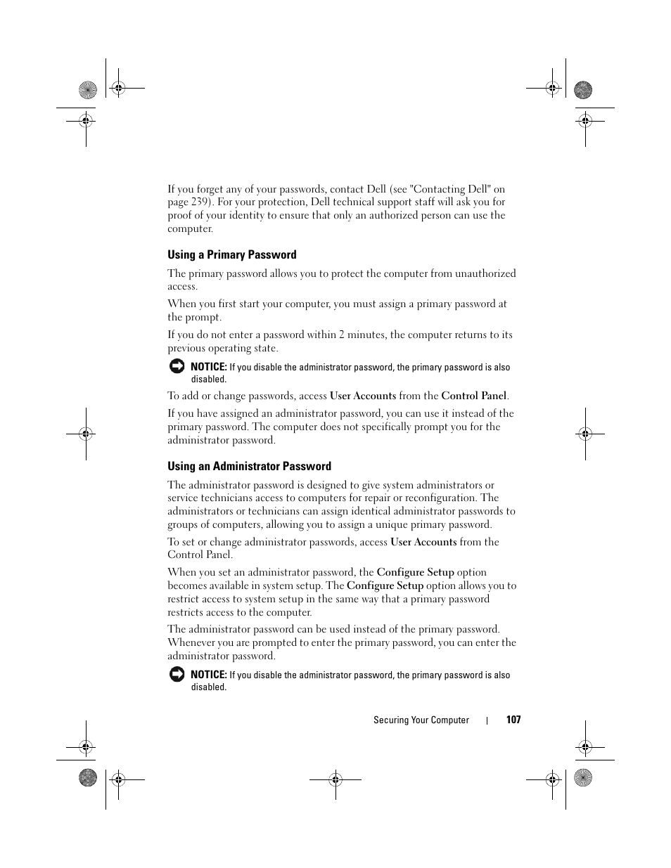 Using a primary password, Using an administrator password | Dell Precision M6300 (Late 2007) User Manual | Page 107 / 268