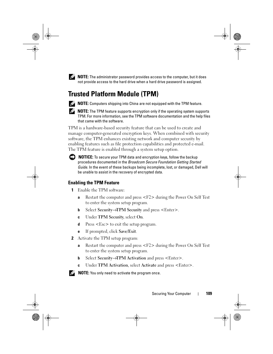 Trusted platform module (tpm), Enabling the tpm feature | Dell Precision M6300 (Late 2007) User Manual | Page 109 / 268