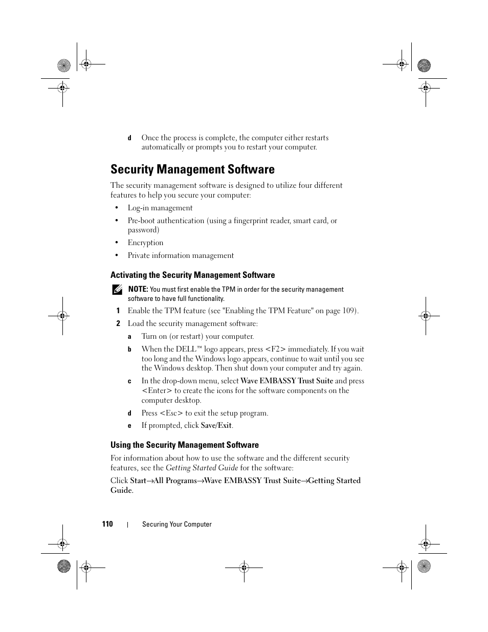 Security management software, Activating the security management software, Using the security management software | Dell Precision M6300 (Late 2007) User Manual | Page 110 / 268