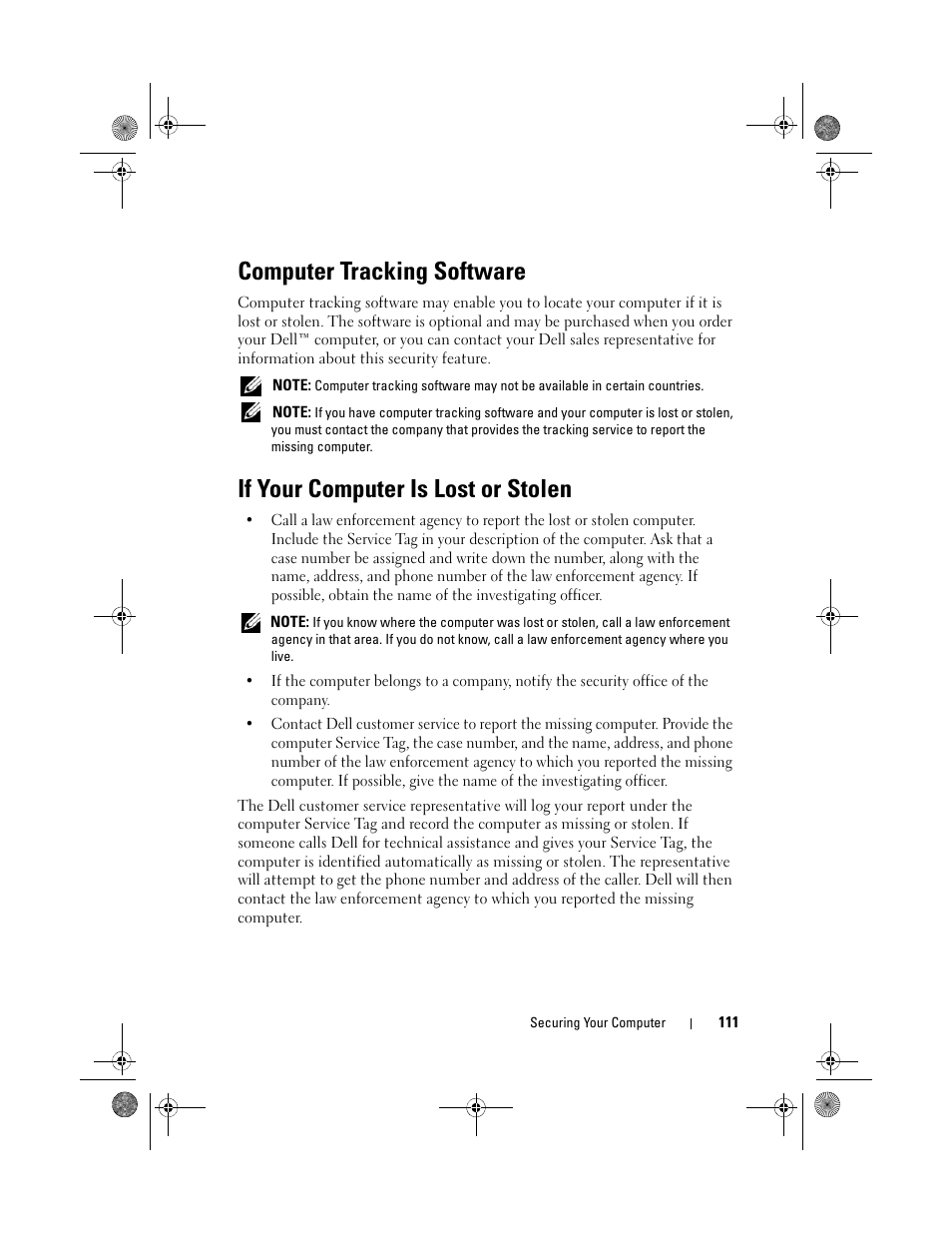 Computer tracking software, If your computer is lost or stolen | Dell Precision M6300 (Late 2007) User Manual | Page 111 / 268
