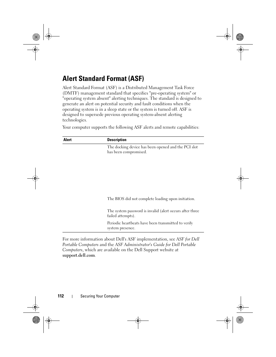Alert standard format (asf) | Dell Precision M6300 (Late 2007) User Manual | Page 112 / 268