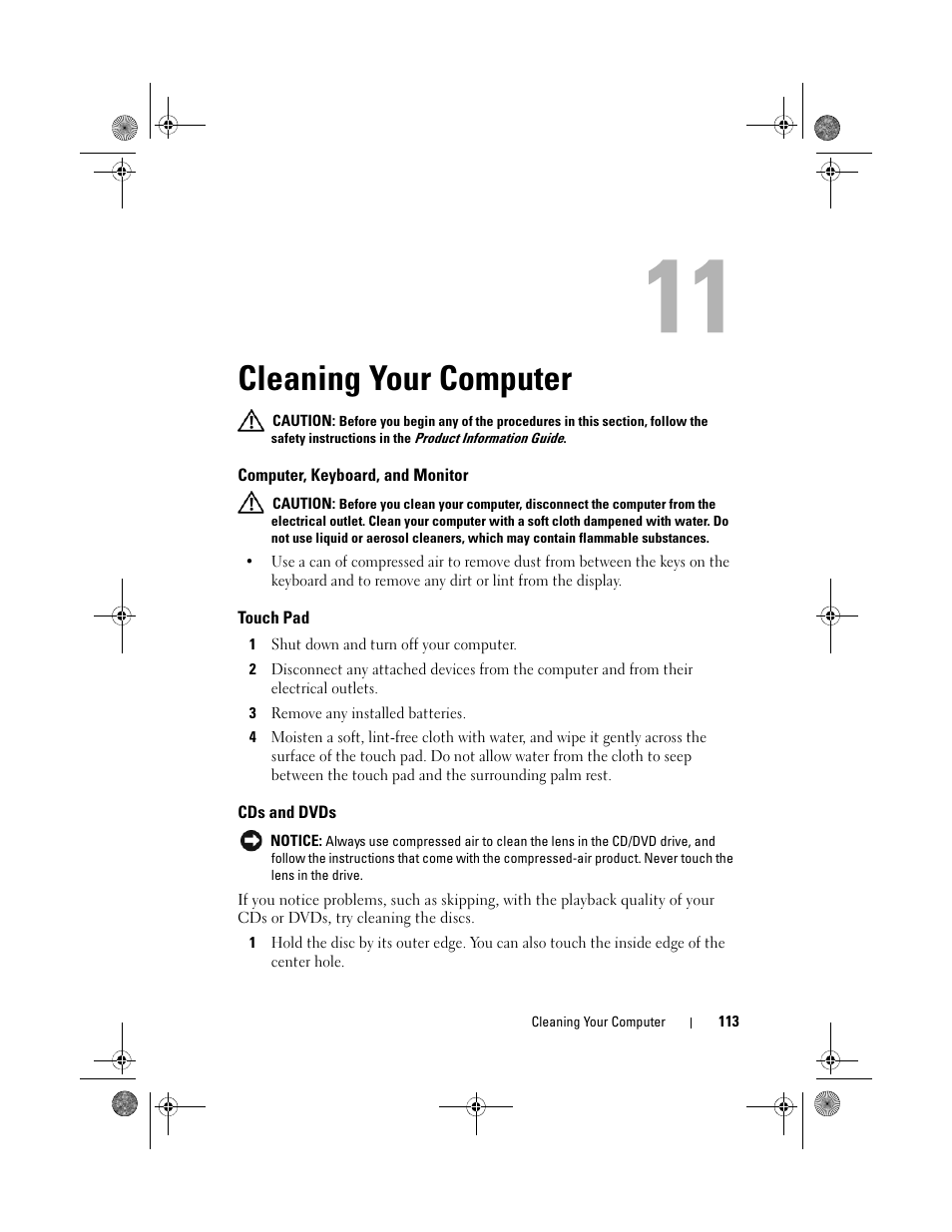 Cleaning your computer, Computer, keyboard, and monitor, Touch pad | Cds and dvds | Dell Precision M6300 (Late 2007) User Manual | Page 113 / 268
