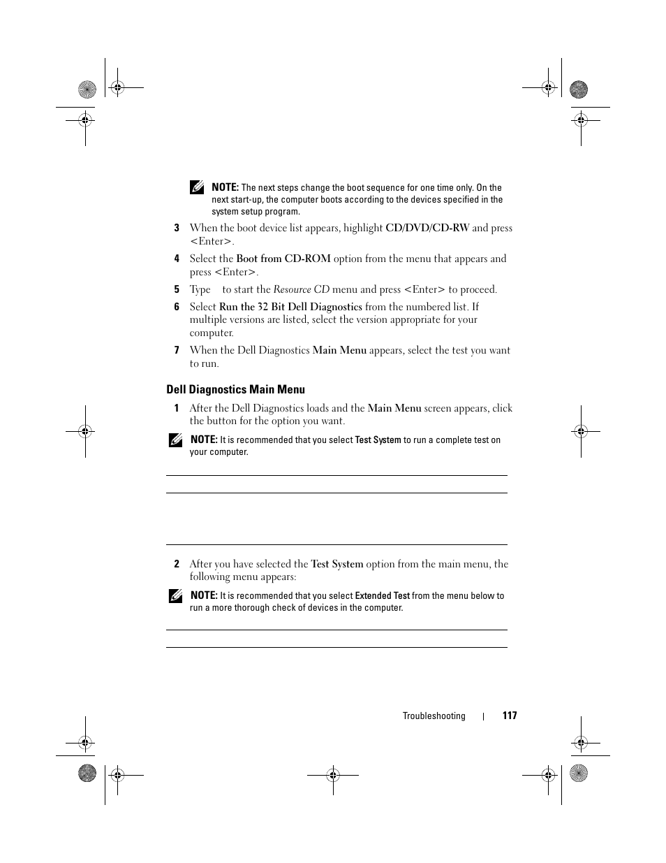 Dell diagnostics main menu | Dell Precision M6300 (Late 2007) User Manual | Page 117 / 268