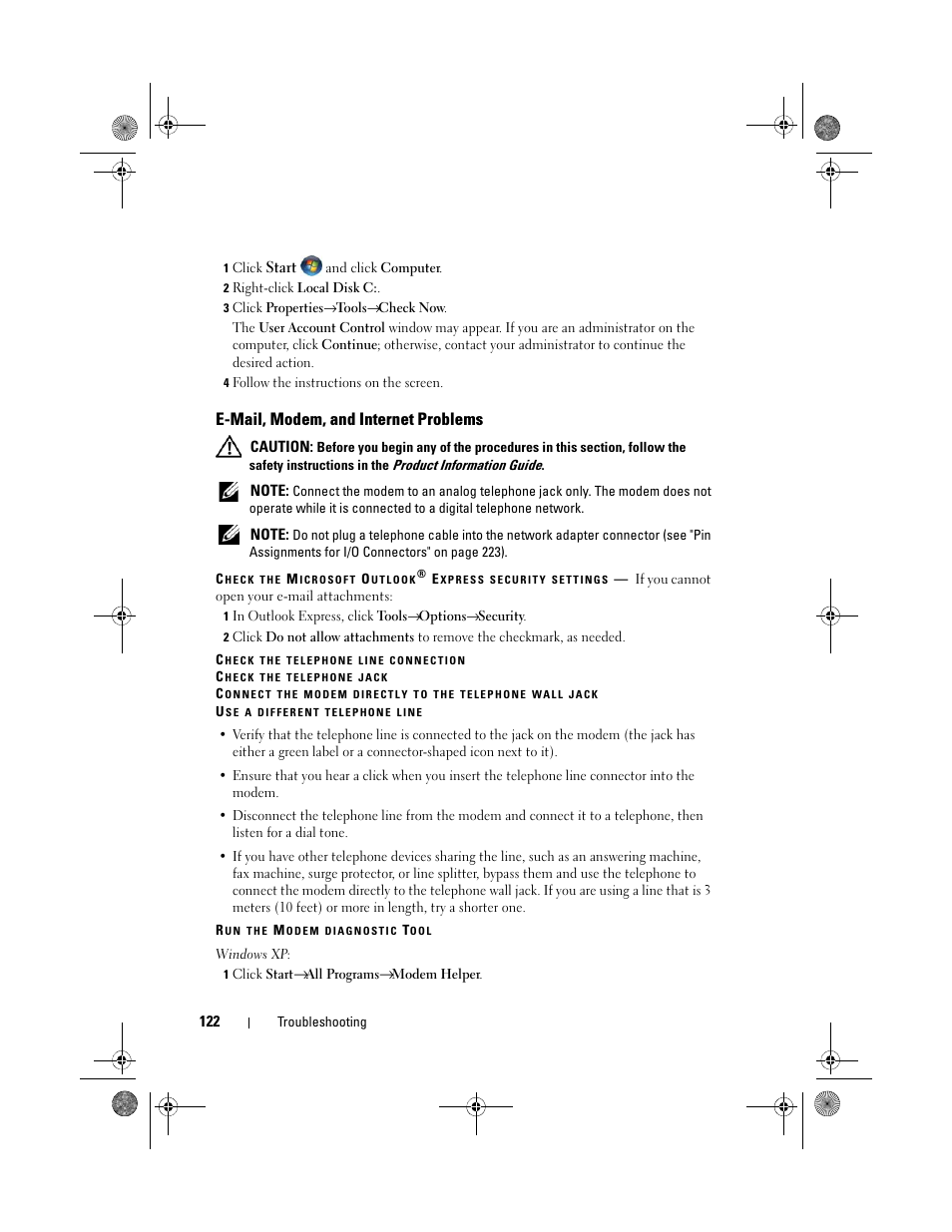 E-mail, modem, and internet problems | Dell Precision M6300 (Late 2007) User Manual | Page 122 / 268
