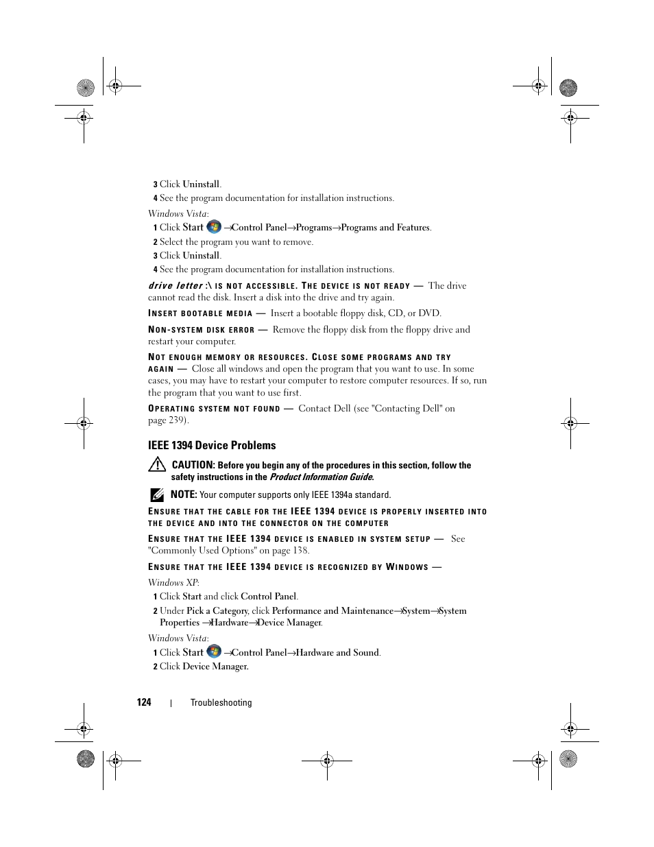 Ieee 1394 device problems | Dell Precision M6300 (Late 2007) User Manual | Page 124 / 268