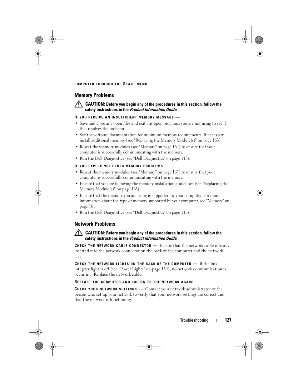 Memory problems, Network problems | Dell Precision M6300 (Late 2007) User Manual | Page 127 / 268