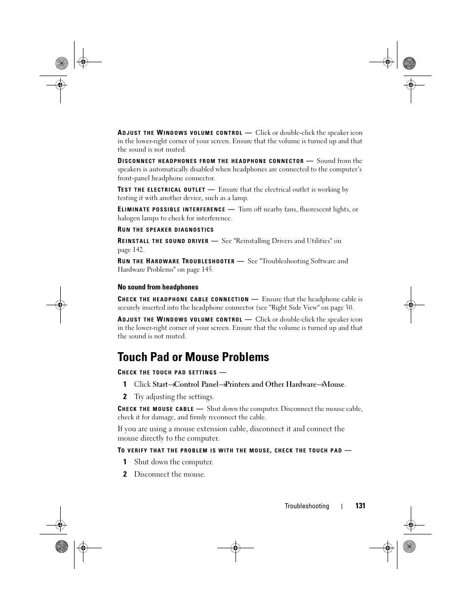 Touch pad or mouse problems | Dell Precision M6300 (Late 2007) User Manual | Page 131 / 268