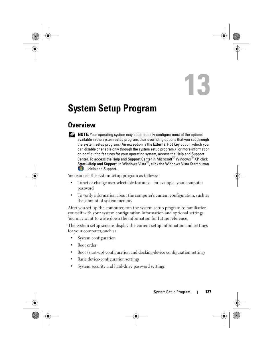 System setup program, Overview | Dell Precision M6300 (Late 2007) User Manual | Page 137 / 268