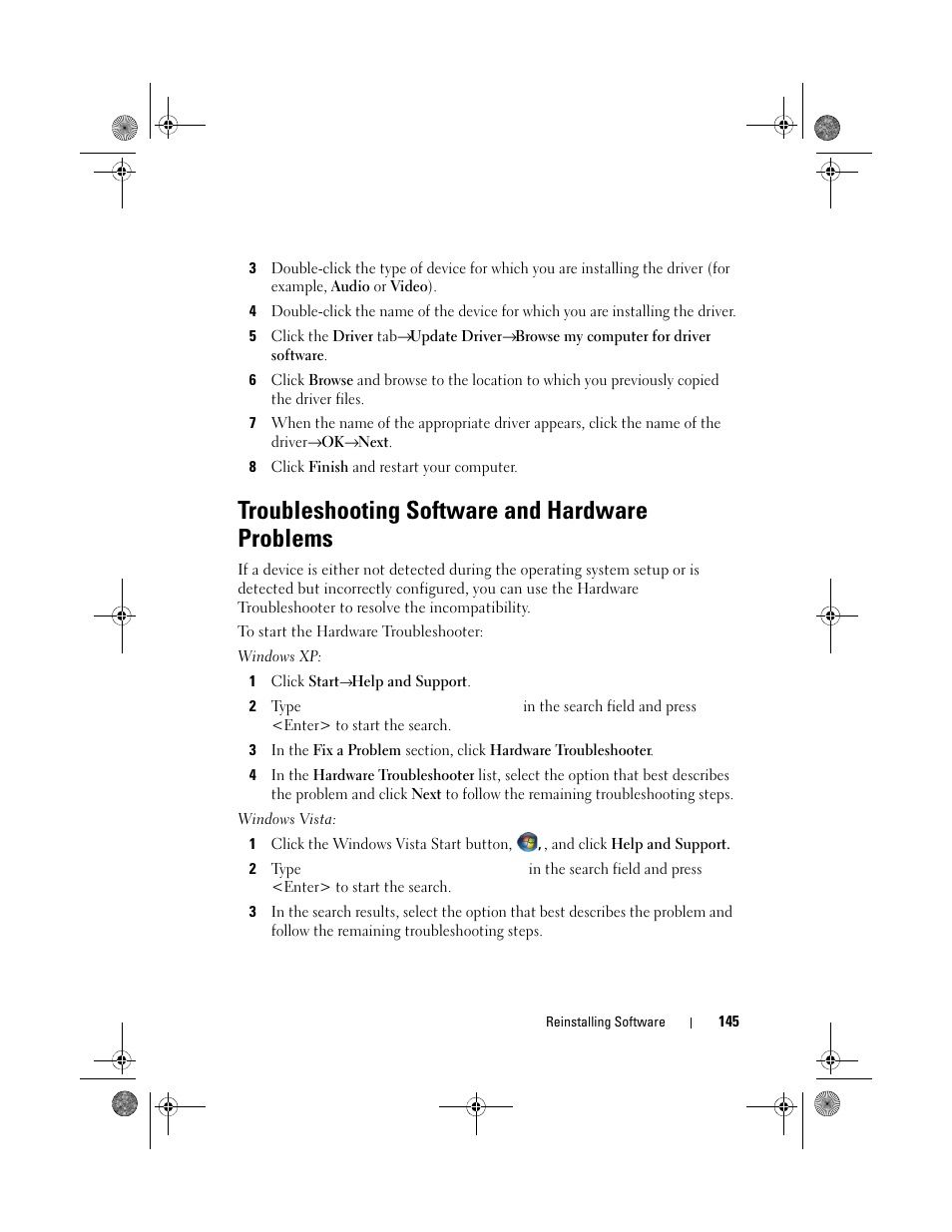 Troubleshooting software and hardware problems, See "troubleshooting software and | Dell Precision M6300 (Late 2007) User Manual | Page 145 / 268