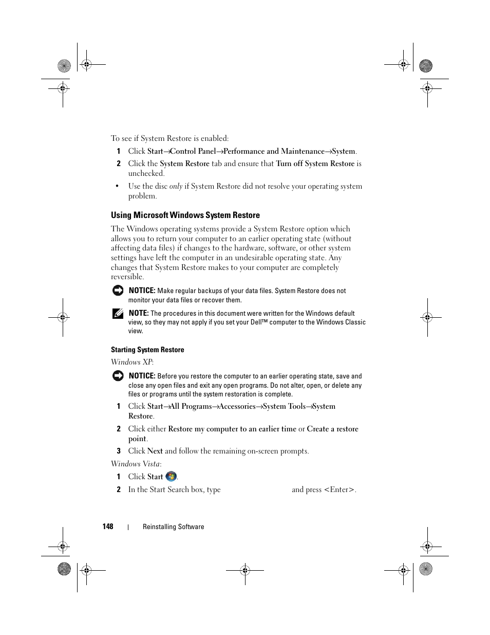 Using microsoft windows system restore, Using microsoft | Dell Precision M6300 (Late 2007) User Manual | Page 148 / 268