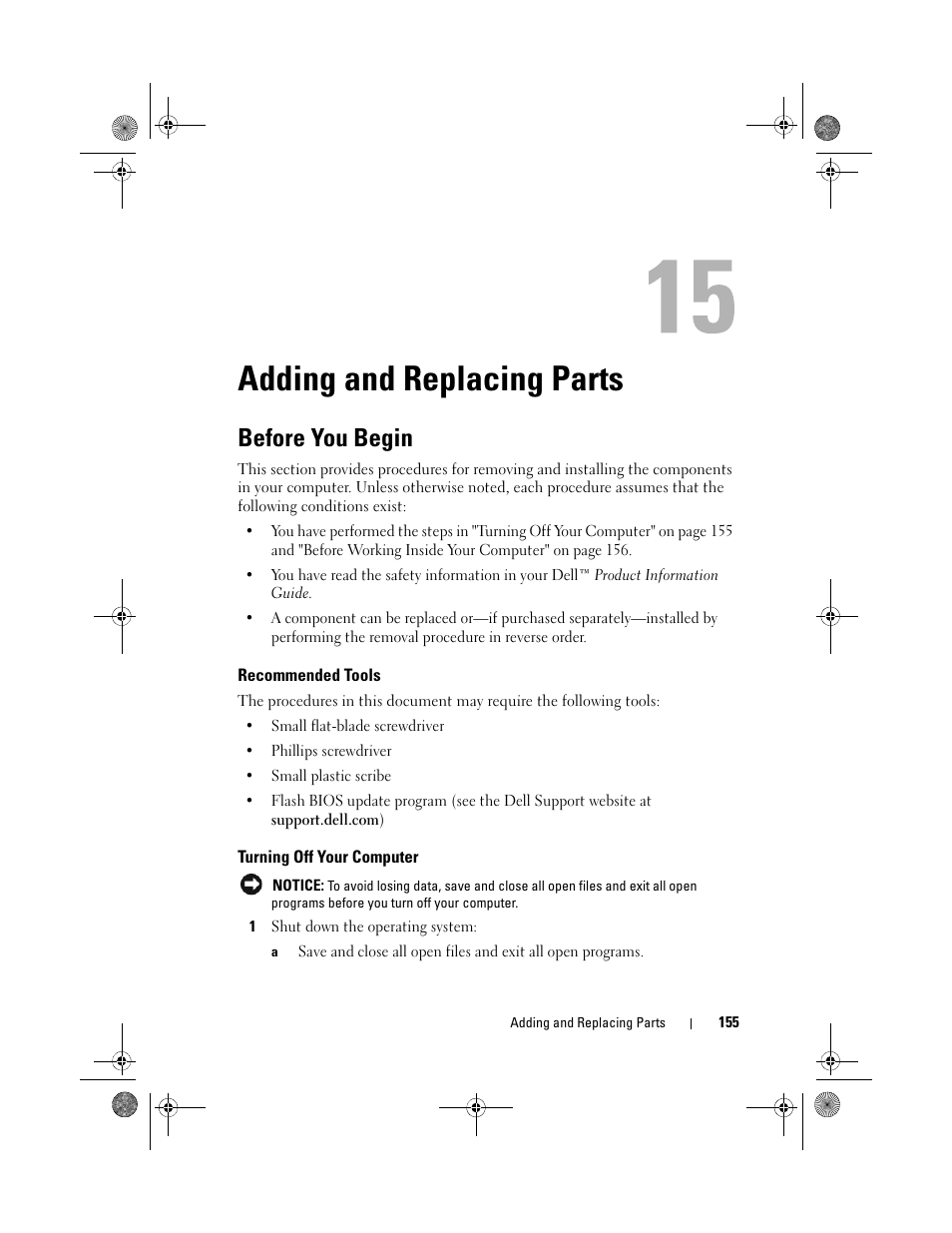Adding and replacing parts, Before you begin, Recommended tools | Turning off your computer | Dell Precision M6300 (Late 2007) User Manual | Page 155 / 268