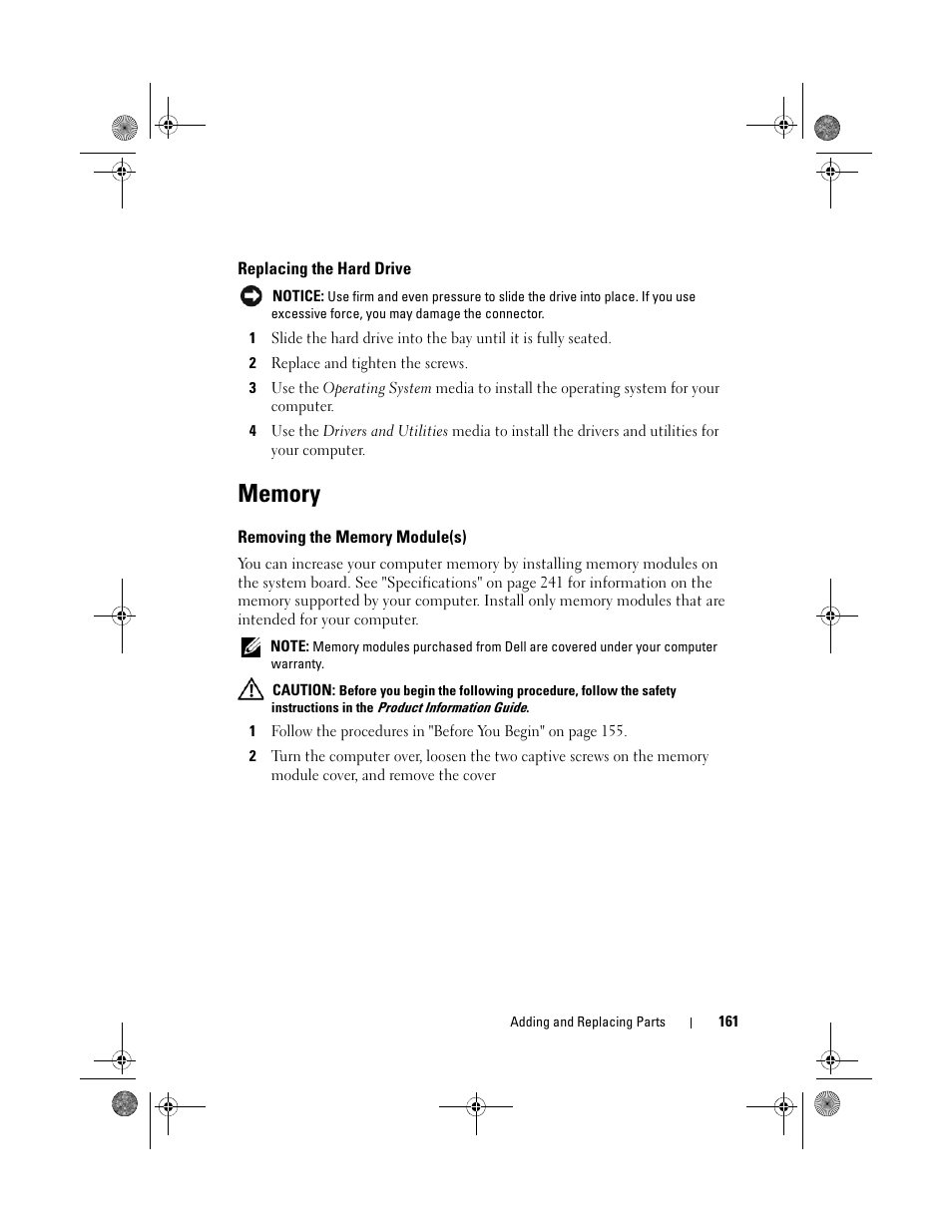 Replacing the hard drive, Memory, Removing the memory module(s) | Dell Precision M6300 (Late 2007) User Manual | Page 161 / 268