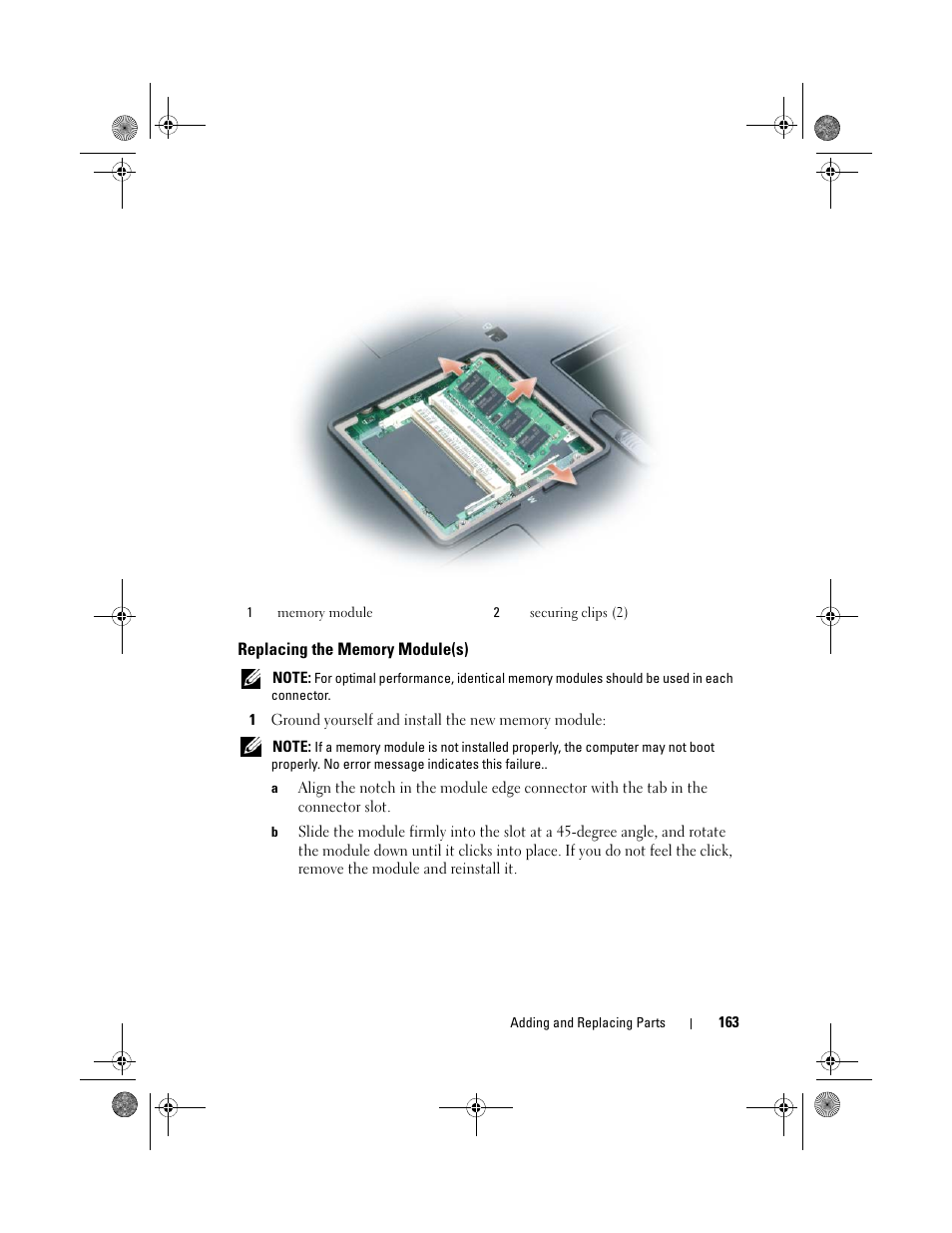 Replacing the memory module(s), Installation guidelines (see "replacing the | Dell Precision M6300 (Late 2007) User Manual | Page 163 / 268