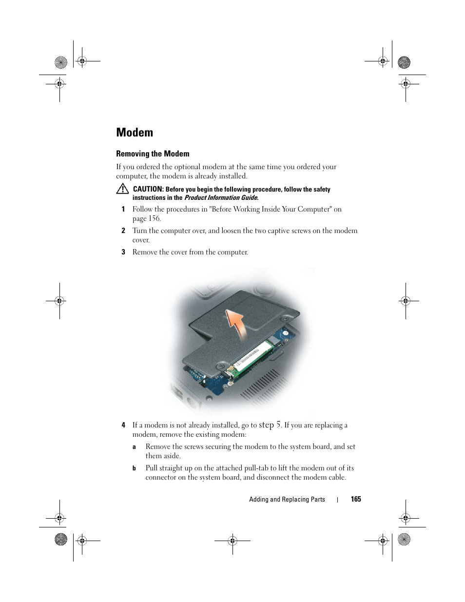 Modem, Removing the modem | Dell Precision M6300 (Late 2007) User Manual | Page 165 / 268