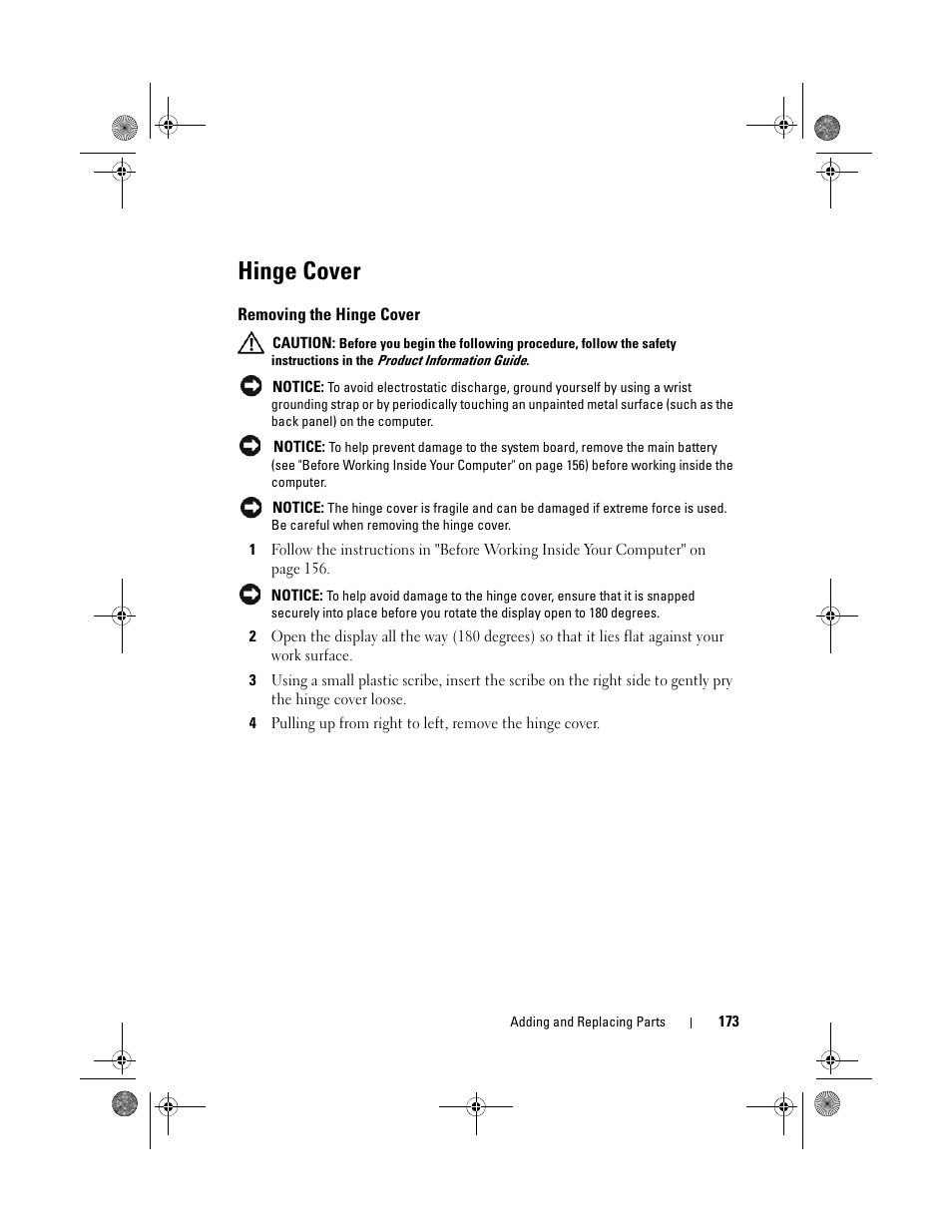 Hinge cover, Removing the hinge cover | Dell Precision M6300 (Late 2007) User Manual | Page 173 / 268