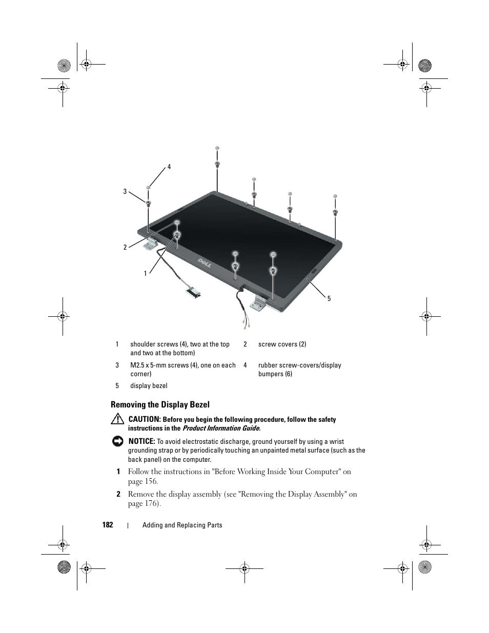 Removing the display bezel | Dell Precision M6300 (Late 2007) User Manual | Page 182 / 268