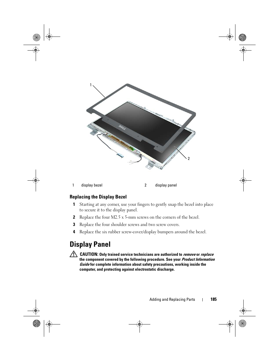 Replacing the display bezel, Display panel | Dell Precision M6300 (Late 2007) User Manual | Page 185 / 268
