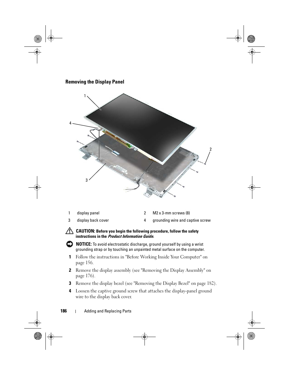 Removing the display panel | Dell Precision M6300 (Late 2007) User Manual | Page 186 / 268