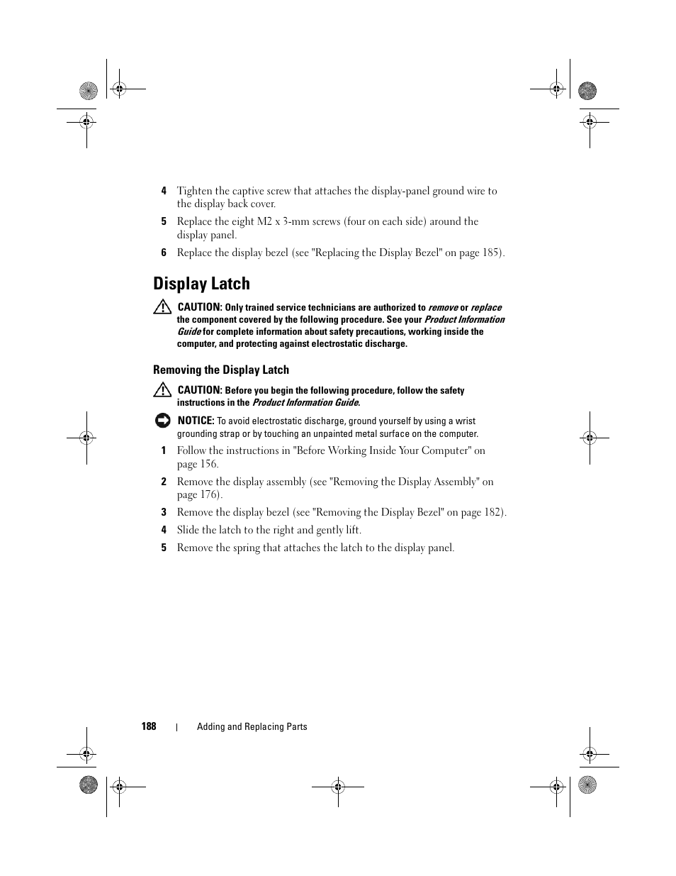 Display latch, Removing the display latch | Dell Precision M6300 (Late 2007) User Manual | Page 188 / 268