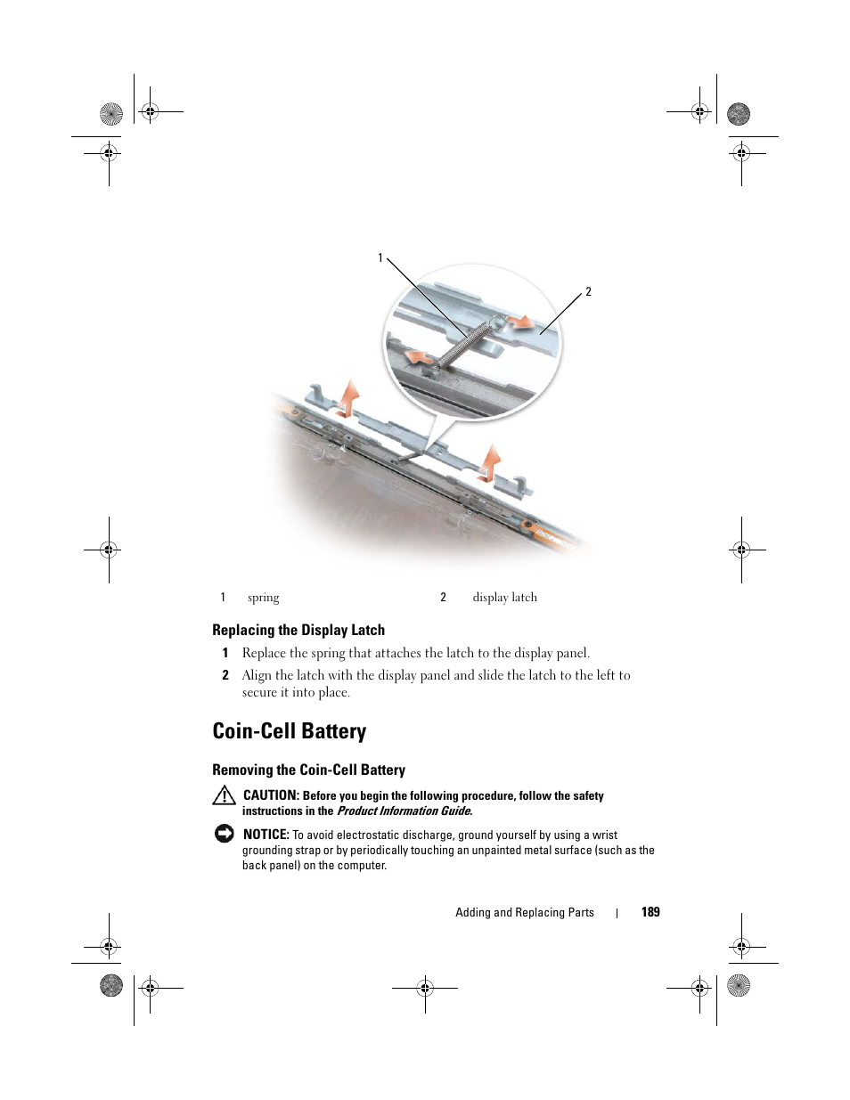 Replacing the display latch, Coin-cell battery, Removing the coin-cell battery | Dell Precision M6300 (Late 2007) User Manual | Page 189 / 268