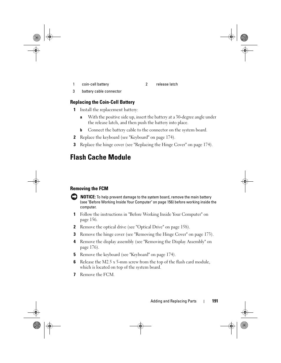 Replacing the coin-cell battery, Flash cache module, Removing the fcm | Dell Precision M6300 (Late 2007) User Manual | Page 191 / 268