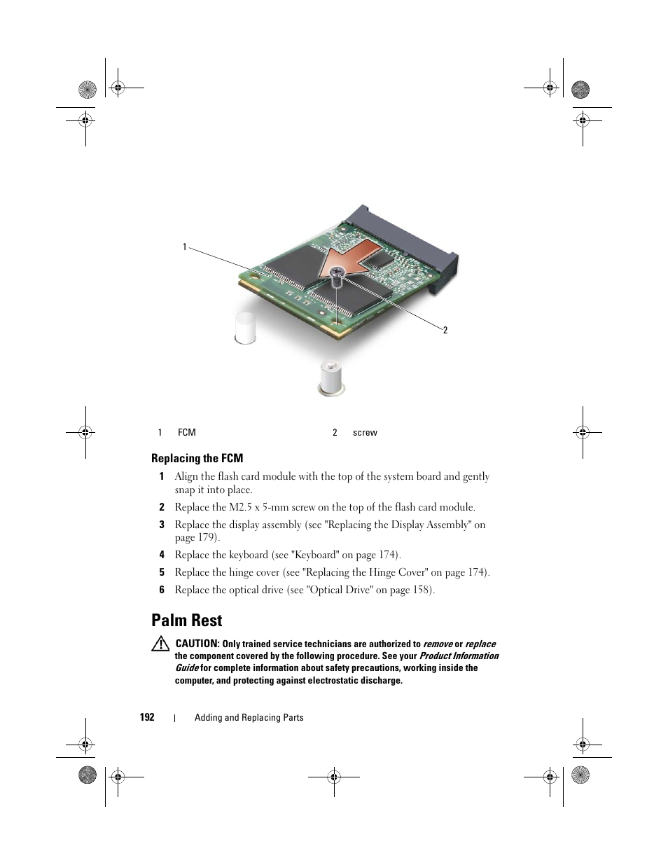 Replacing the fcm, Palm rest | Dell Precision M6300 (Late 2007) User Manual | Page 192 / 268