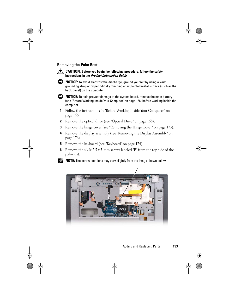 Removing the palm rest | Dell Precision M6300 (Late 2007) User Manual | Page 193 / 268
