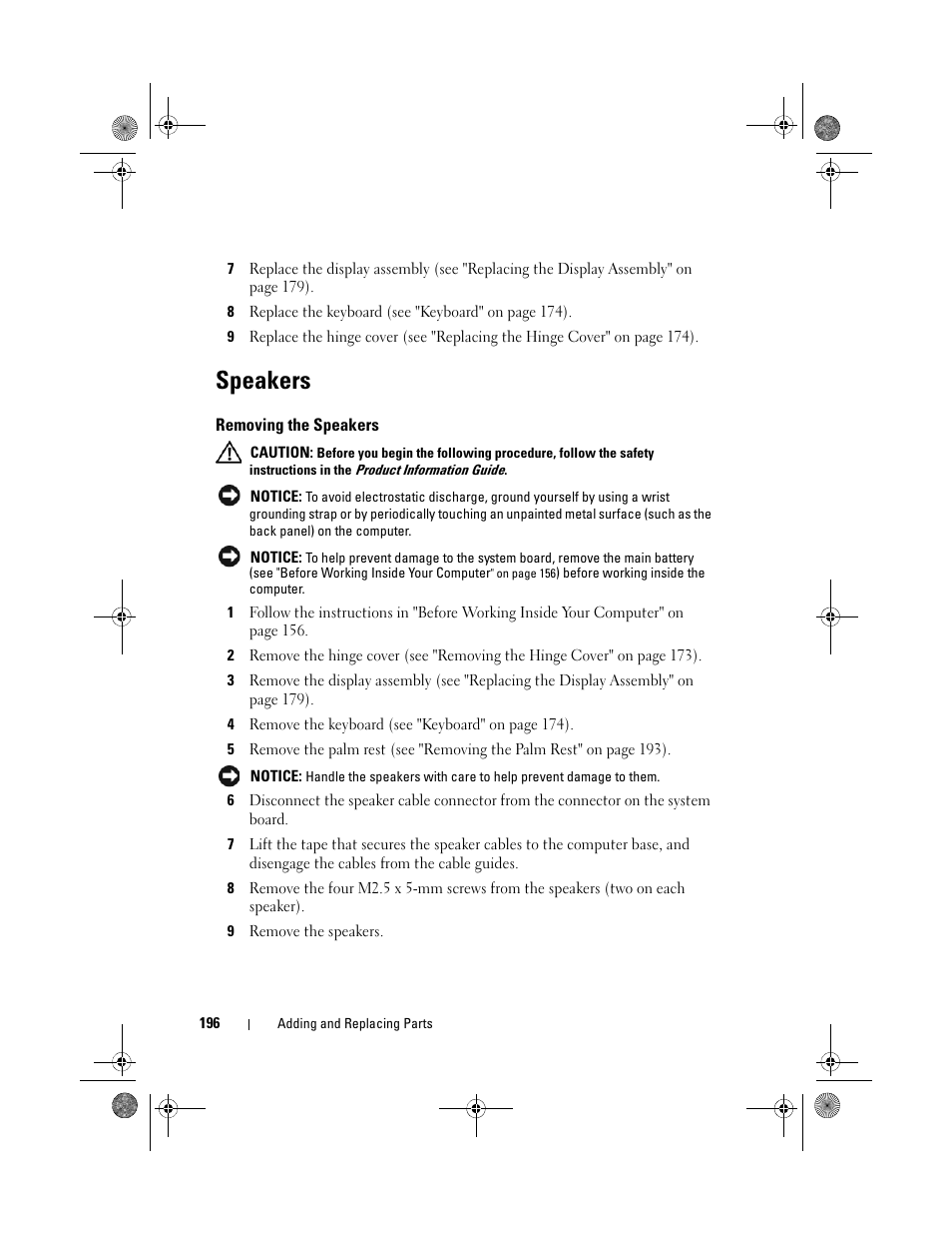 Speakers, Removing the speakers | Dell Precision M6300 (Late 2007) User Manual | Page 196 / 268