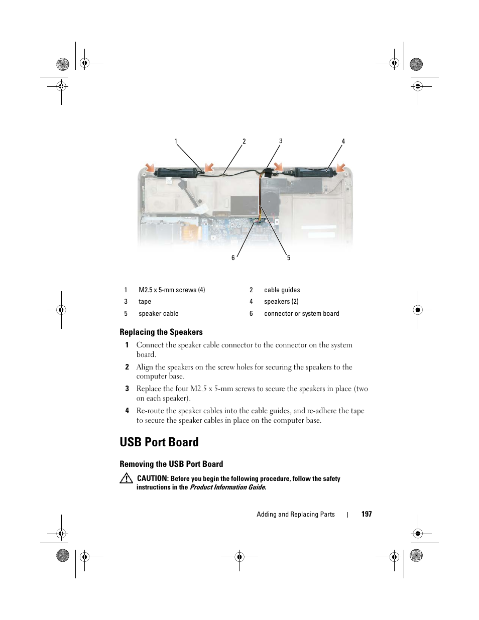 Replacing the speakers, Usb port board, Removing the usb port board | Dell Precision M6300 (Late 2007) User Manual | Page 197 / 268