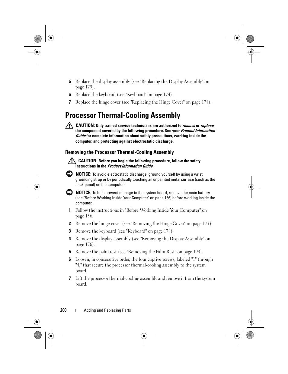 Processor thermal-cooling assembly, Removing the processor thermal-cooling assembly | Dell Precision M6300 (Late 2007) User Manual | Page 200 / 268