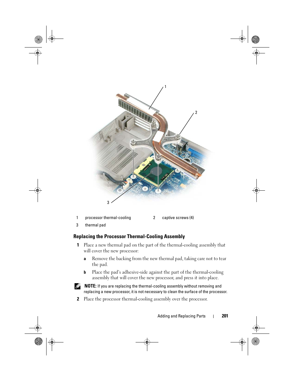 Replacing the processor thermal-cooling assembly | Dell Precision M6300 (Late 2007) User Manual | Page 201 / 268