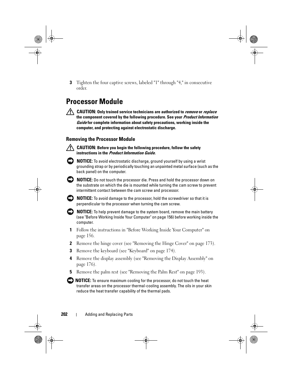 Processor module, Removing the processor module | Dell Precision M6300 (Late 2007) User Manual | Page 202 / 268