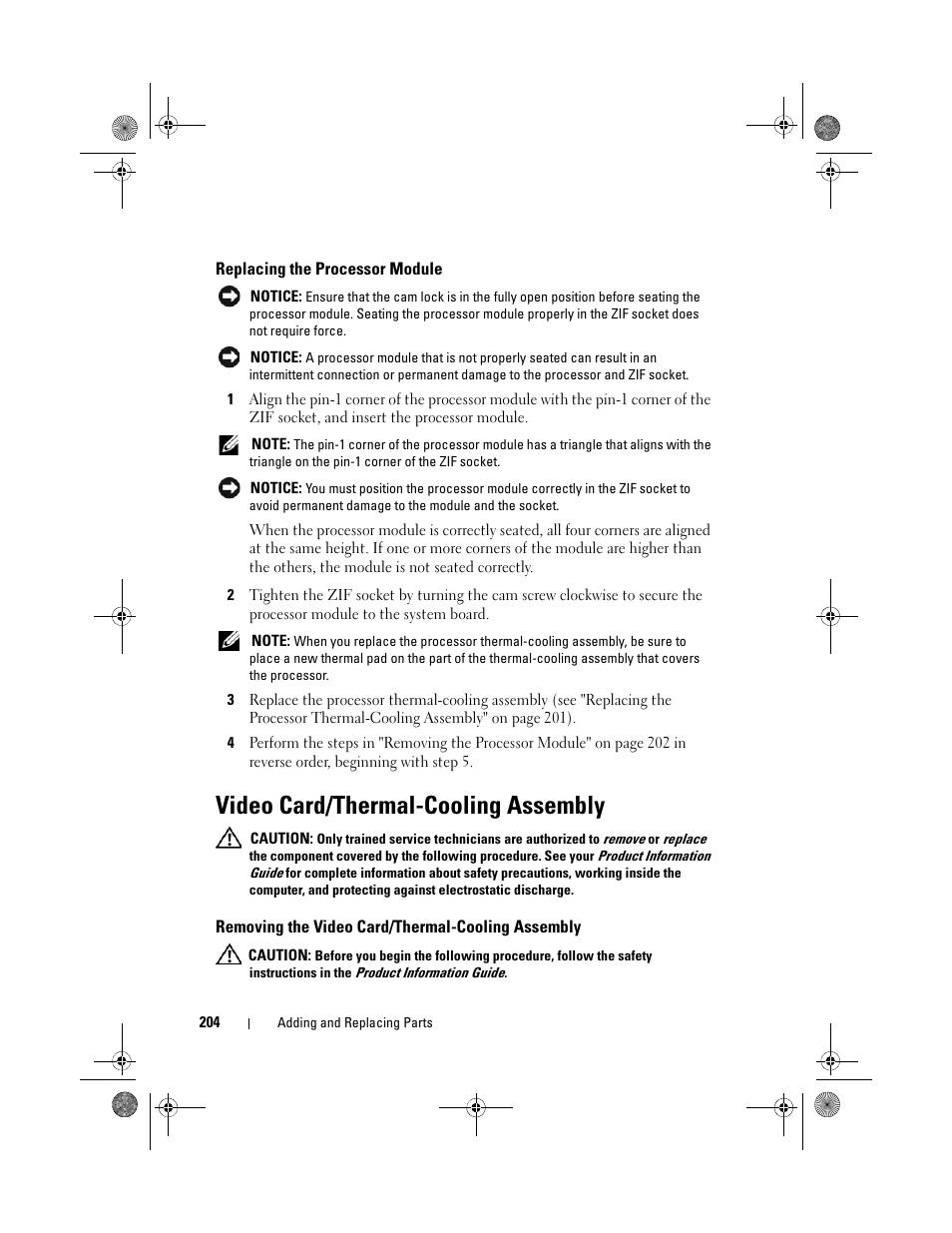 Replacing the processor module, Video card/thermal-cooling assembly, Removing the video card/thermal-cooling assembly | Dell Precision M6300 (Late 2007) User Manual | Page 204 / 268