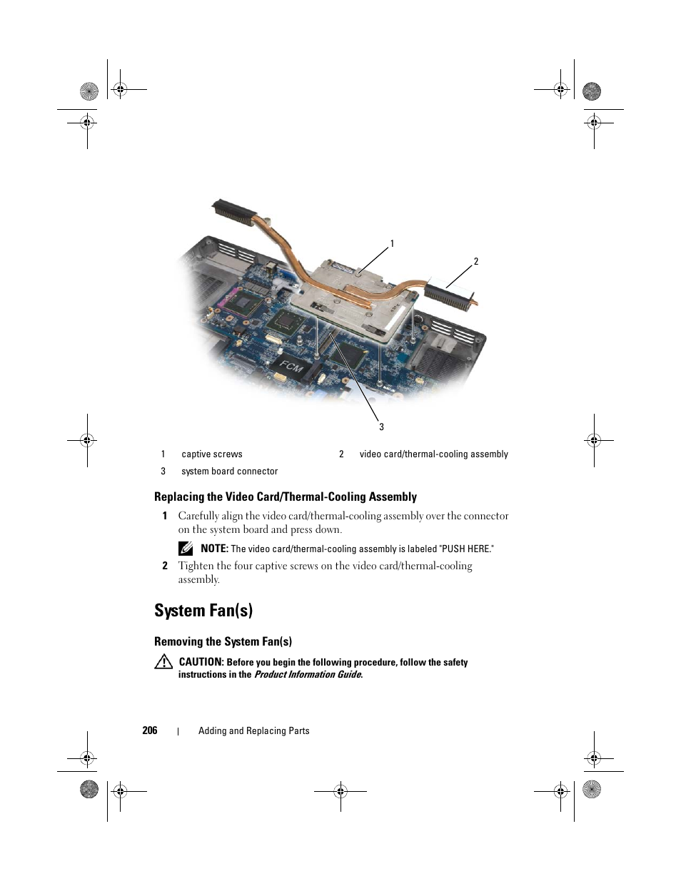 Replacing the video card/thermal-cooling assembly, System fan(s), Removing the system fan(s) | Dell Precision M6300 (Late 2007) User Manual | Page 206 / 268