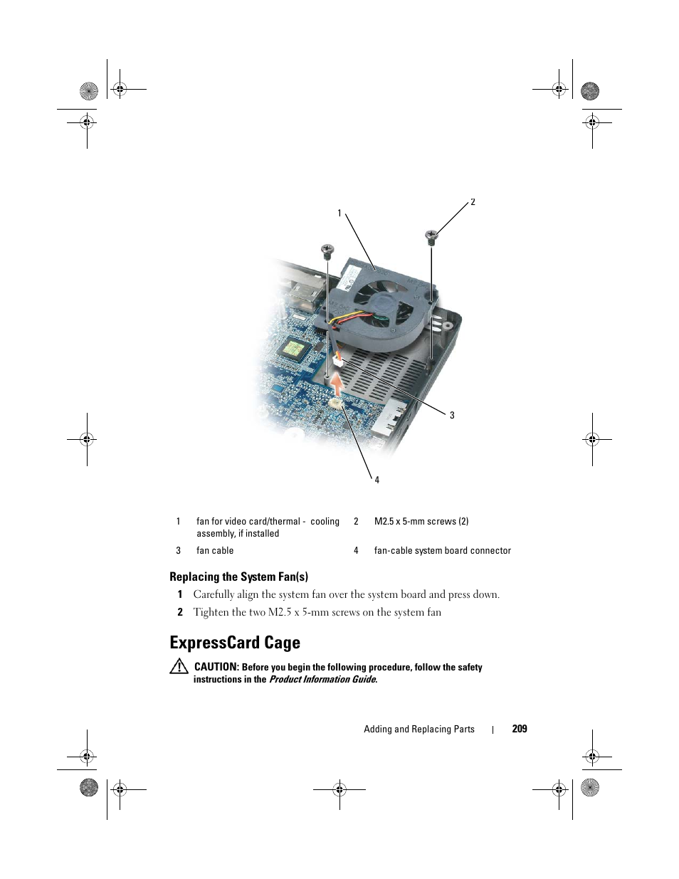 Replacing the system fan(s), Expresscard cage | Dell Precision M6300 (Late 2007) User Manual | Page 209 / 268