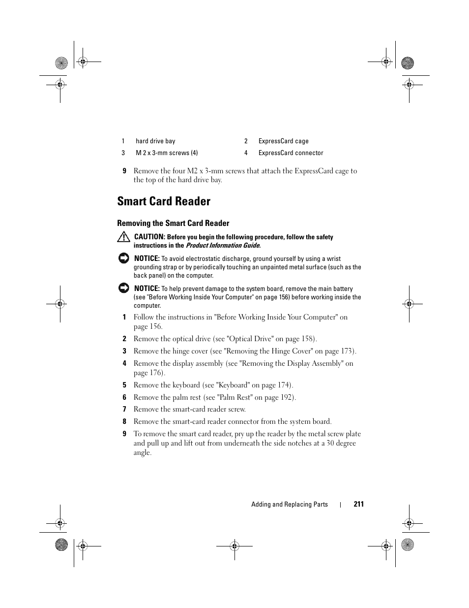 Smart card reader, Removing the smart card reader | Dell Precision M6300 (Late 2007) User Manual | Page 211 / 268