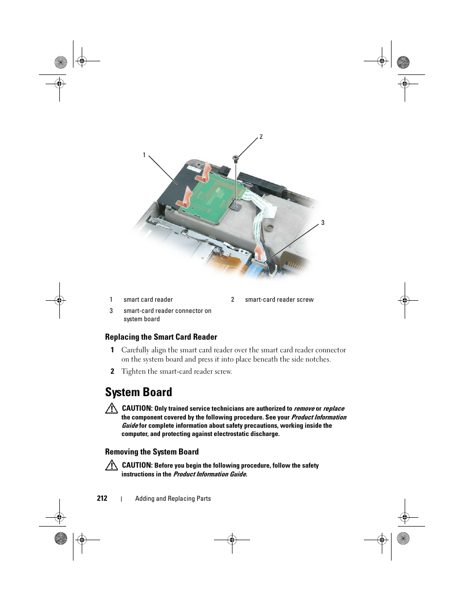 Replacing the smart card reader, System board, Removing the system board | Dell Precision M6300 (Late 2007) User Manual | Page 212 / 268