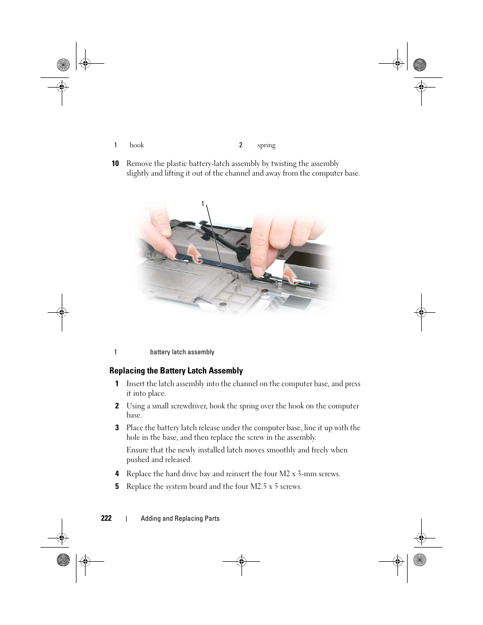 Replacing the battery latch assembly | Dell Precision M6300 (Late 2007) User Manual | Page 222 / 268