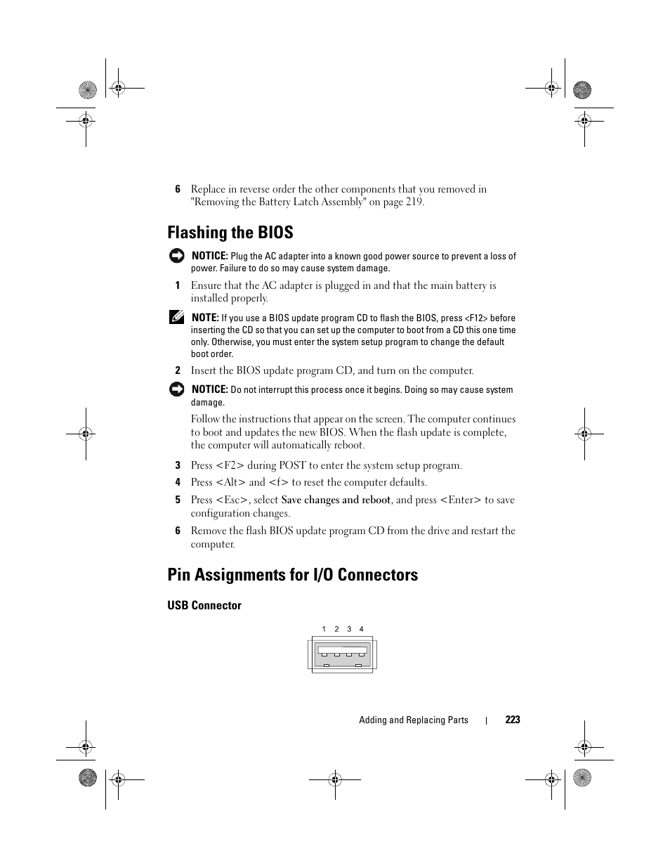 Flashing the bios, Pin assignments for i/o connectors, Usb connector | Dell Precision M6300 (Late 2007) User Manual | Page 223 / 268