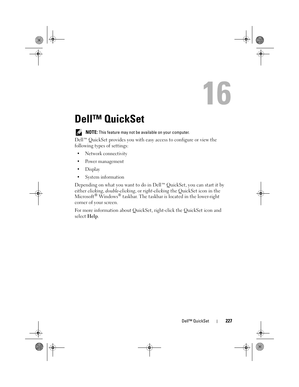Dell™ quickset, Information, see | Dell Precision M6300 (Late 2007) User Manual | Page 227 / 268