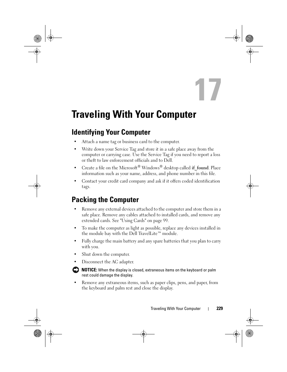 Traveling with your computer, Identifying your computer, Packing the computer | Dell Precision M6300 (Late 2007) User Manual | Page 229 / 268