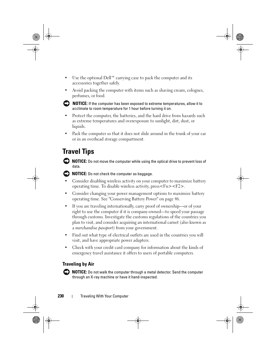 Travel tips, Traveling by air | Dell Precision M6300 (Late 2007) User Manual | Page 230 / 268