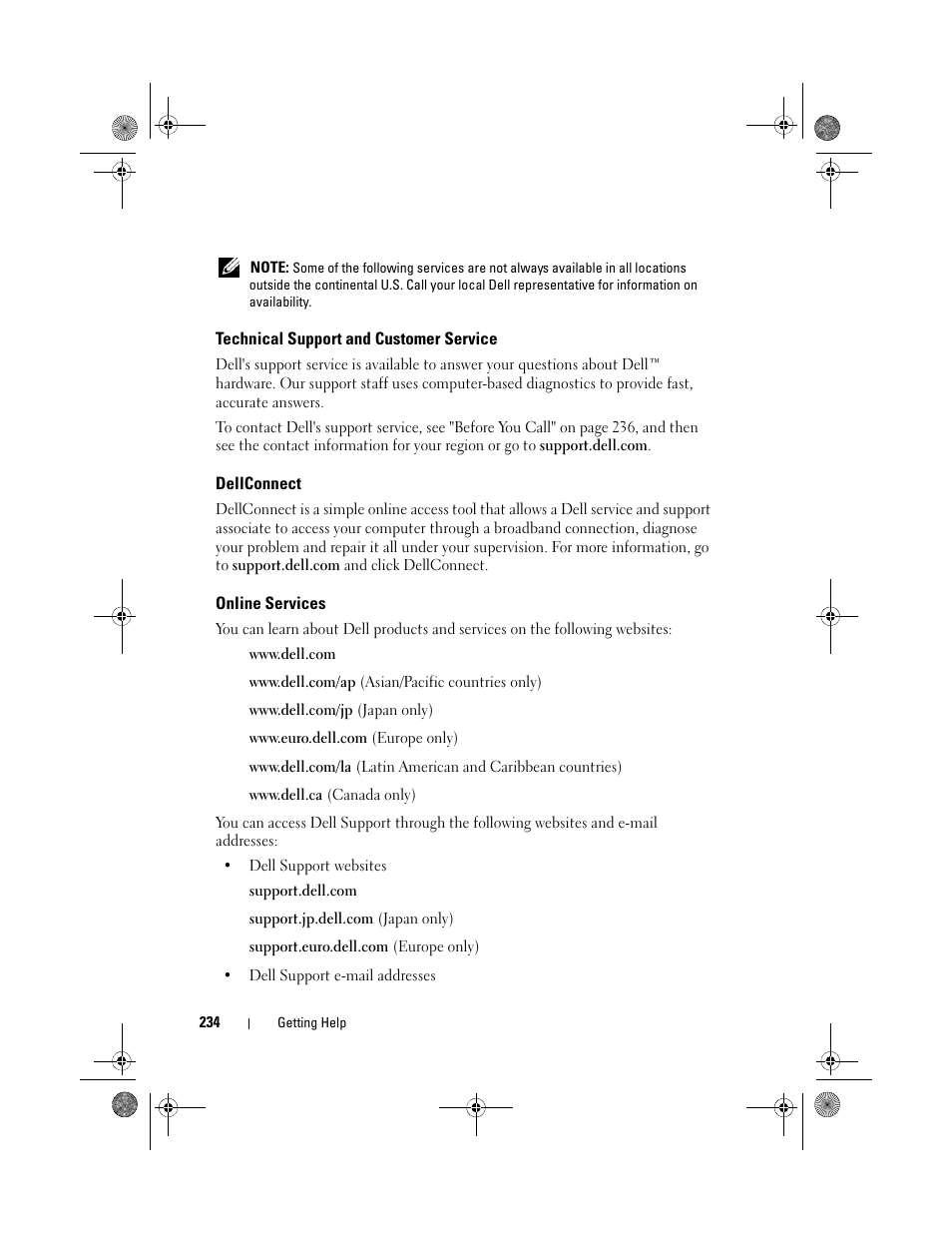 Technical support and customer service, Dellconnect, Online services | Dell Precision M6300 (Late 2007) User Manual | Page 234 / 268