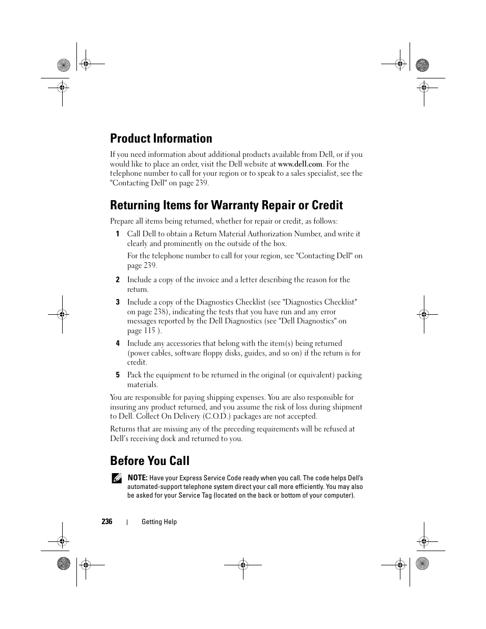 Product information, Returning items for warranty repair or credit, Before you call | Dell Precision M6300 (Late 2007) User Manual | Page 236 / 268