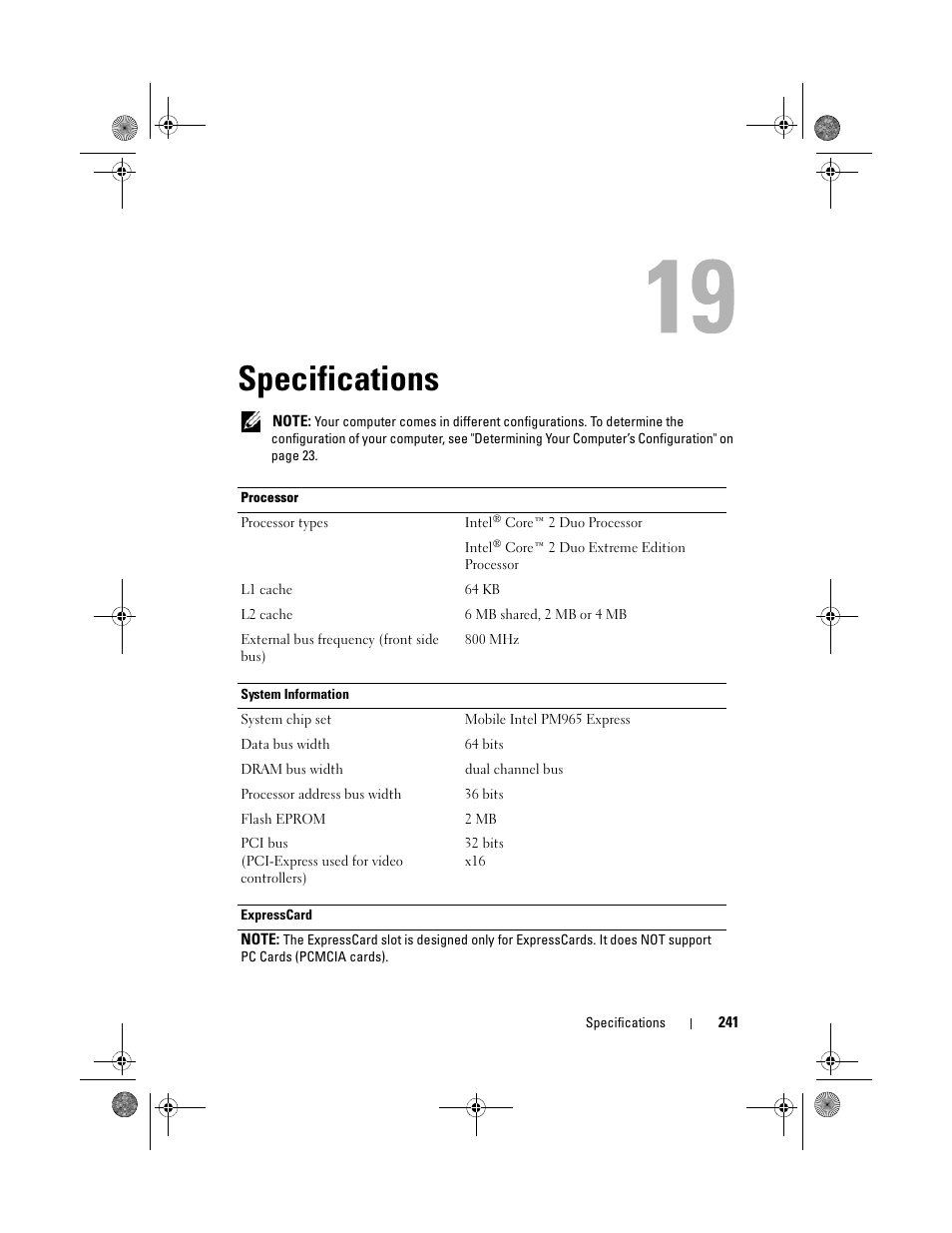 Specifications | Dell Precision M6300 (Late 2007) User Manual | Page 241 / 268