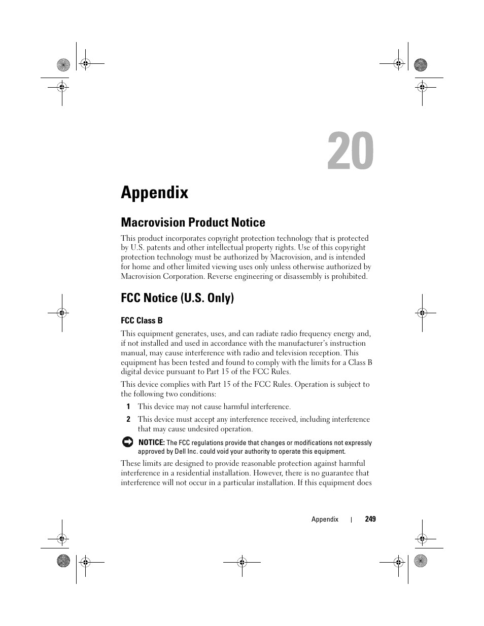 Appendix, Macrovision product notice, Fcc notice (u.s. only) | Fcc class b | Dell Precision M6300 (Late 2007) User Manual | Page 249 / 268