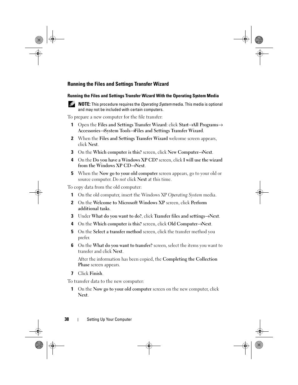 Running the files and settings transfer wizard | Dell Precision M6300 (Late 2007) User Manual | Page 38 / 268