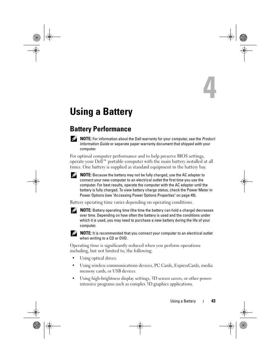 Using a battery, Battery performance | Dell Precision M6300 (Late 2007) User Manual | Page 43 / 268