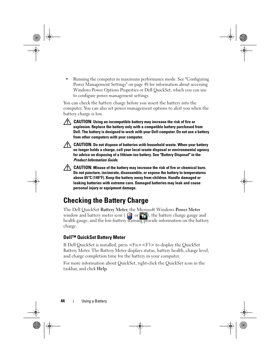 Checking the battery charge, Dell™ quickset battery meter | Dell Precision M6300 (Late 2007) User Manual | Page 44 / 268