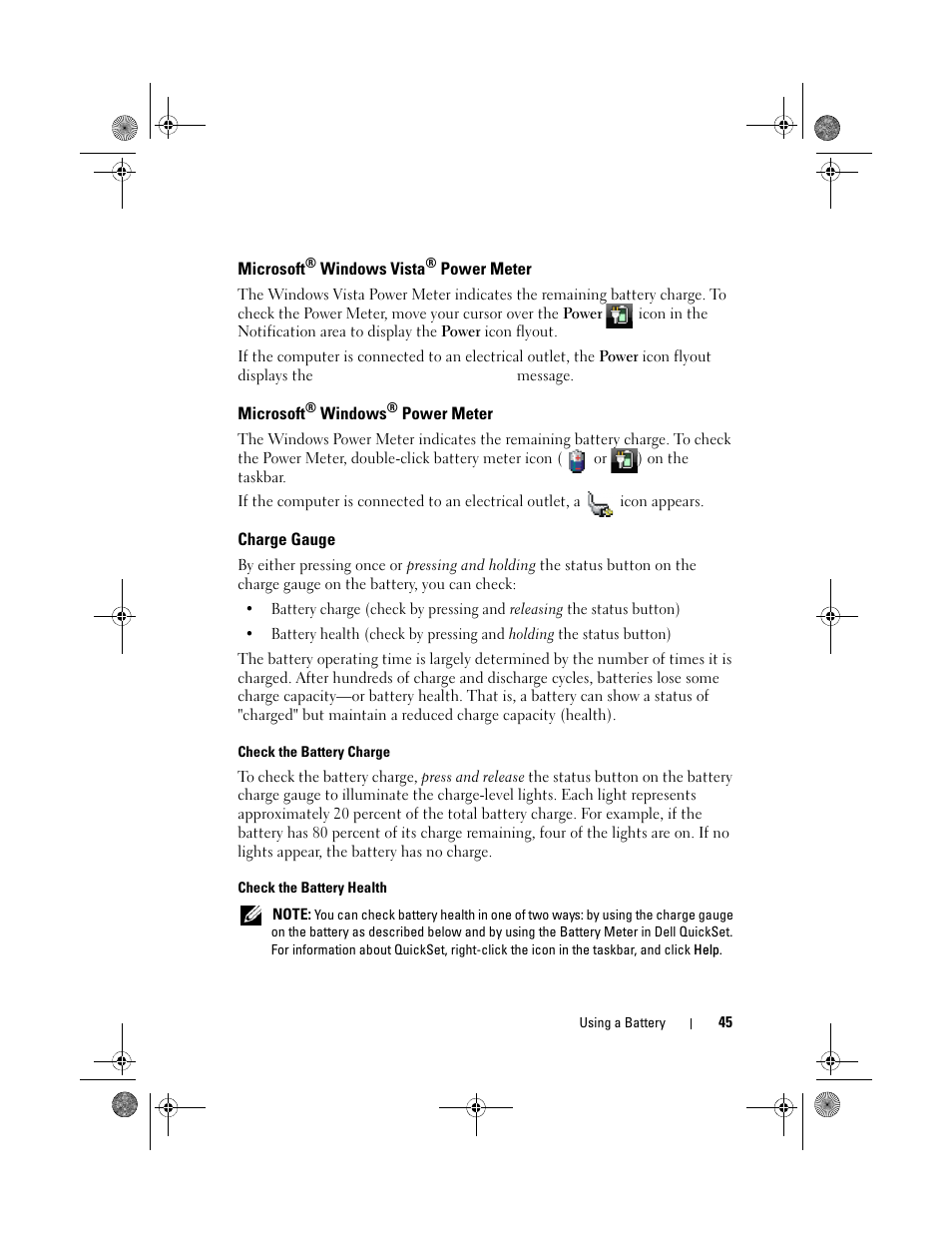 Microsoft® windows vista® power meter, Microsoft® windows® power meter, Charge gauge | Microsoft | Dell Precision M6300 (Late 2007) User Manual | Page 45 / 268